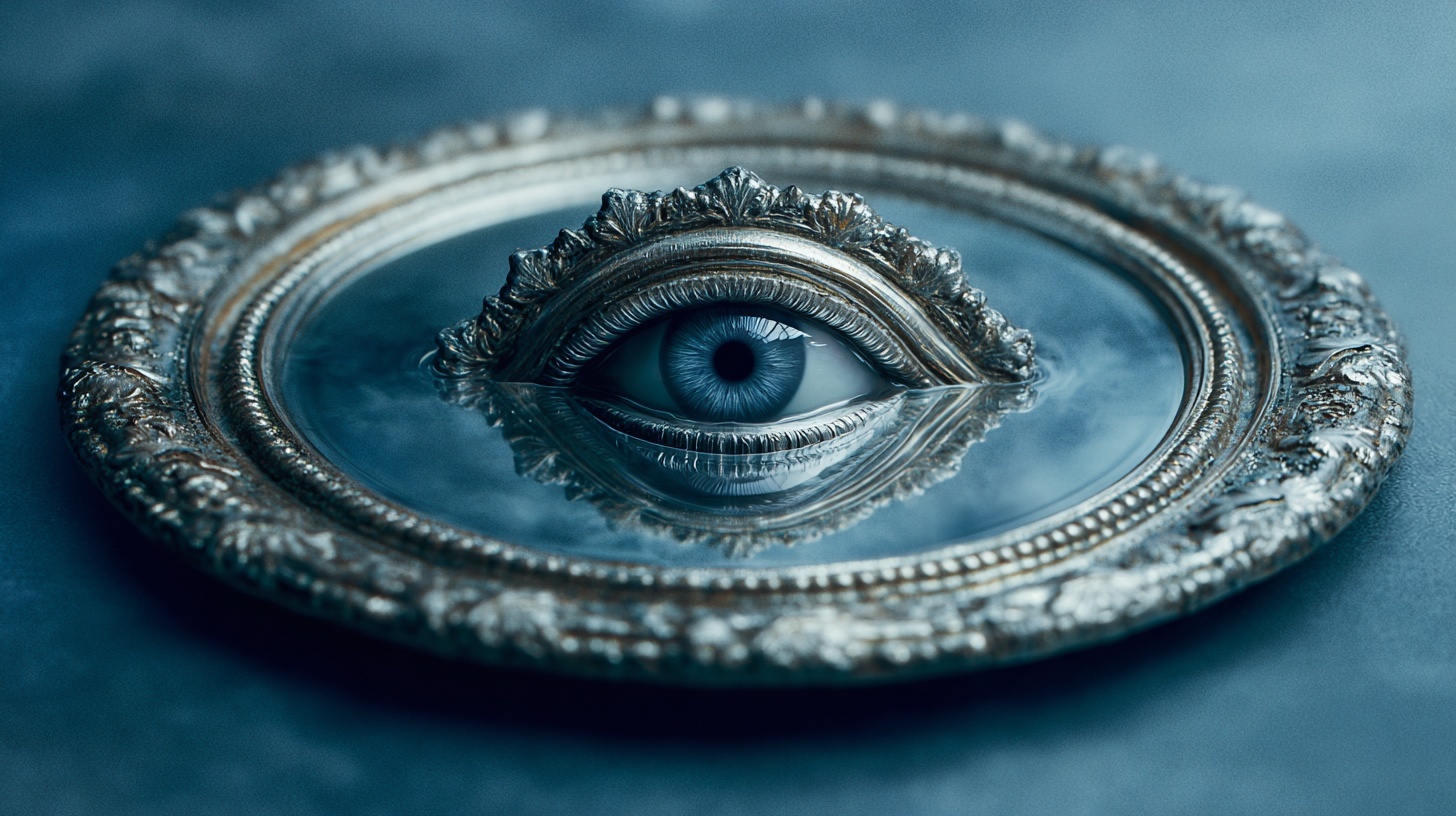 Surreal image of a human eye creating a ripple in an ornate mirror, representing the memorable visual storytelling from Anir Creative Studio, a content production agency in Casablanca.
