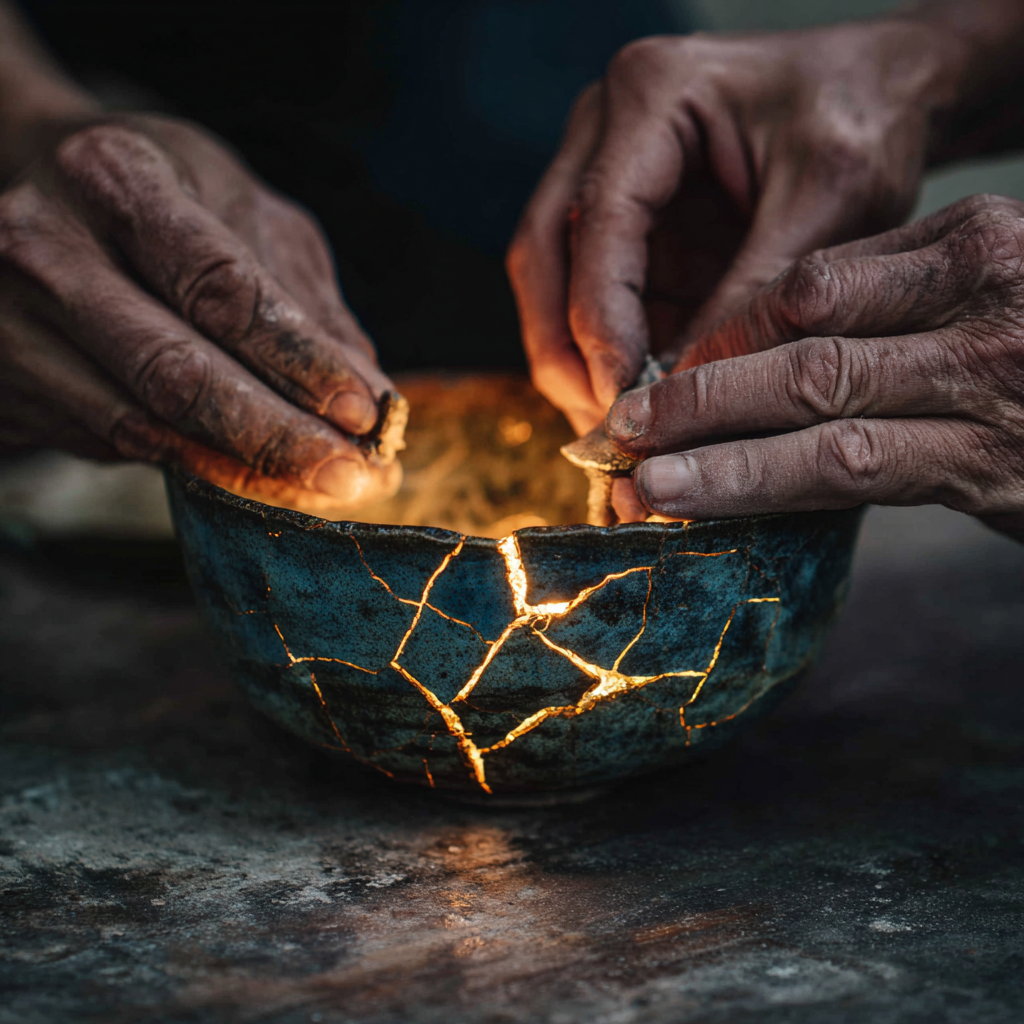 Conceptual image representing client collaboration at Anir Creative Studio: four hands working together to repair a broken ceramic bowl with glowing gold, symbolizing the art of Kintsugi and turning challenges into value.