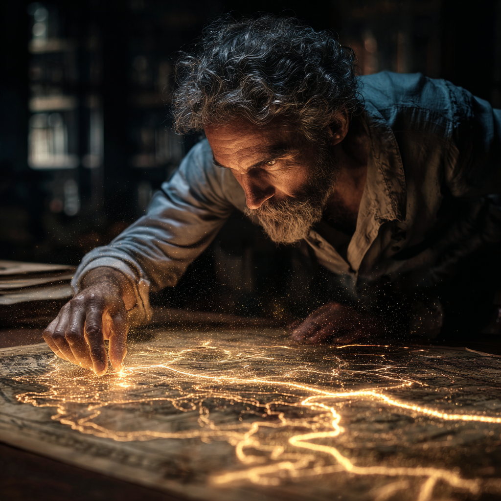 Conceptual image for Anir Creative Studio's digital strategy and SEO services in Morocco: a master cartographer in a library, controlling a glowing map of data pathways to chart a path to success.