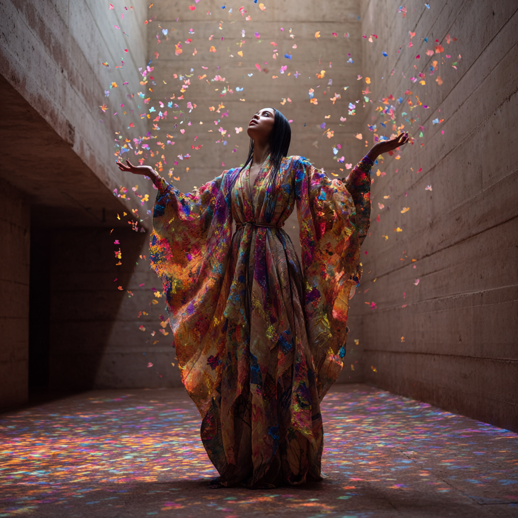 Image conceptuelle pour l'agence événementielle Anir Studio à Casablanca : une femme en caftan marocain moderne orchestrant une célébration de pétales lumineux dans un espace architectural, symbolisant la création de moments joyeux et inoubliables.