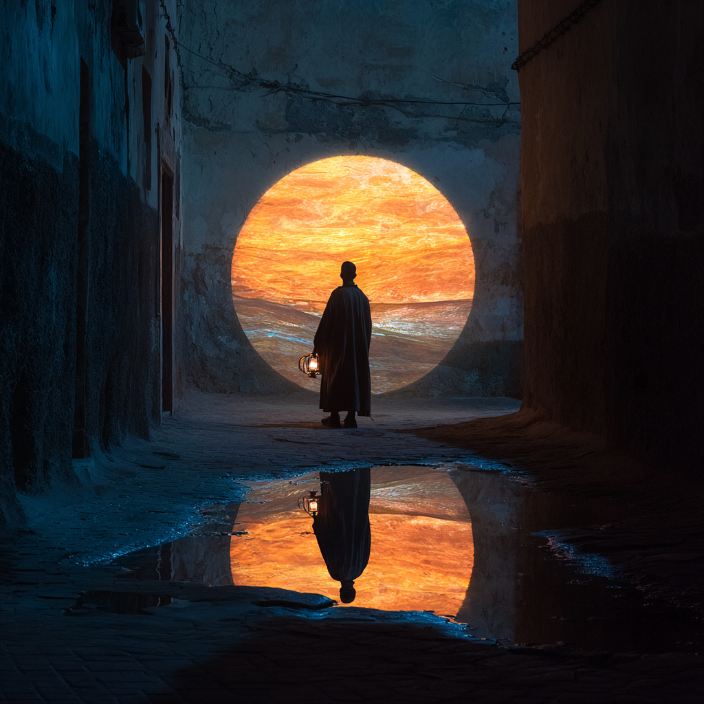 Conceptual photo for Anir Creative Studio's content production services in Morocco: a figure in a Moroccan medina uses a traditional lantern to project a vibrant desert world onto a wall.