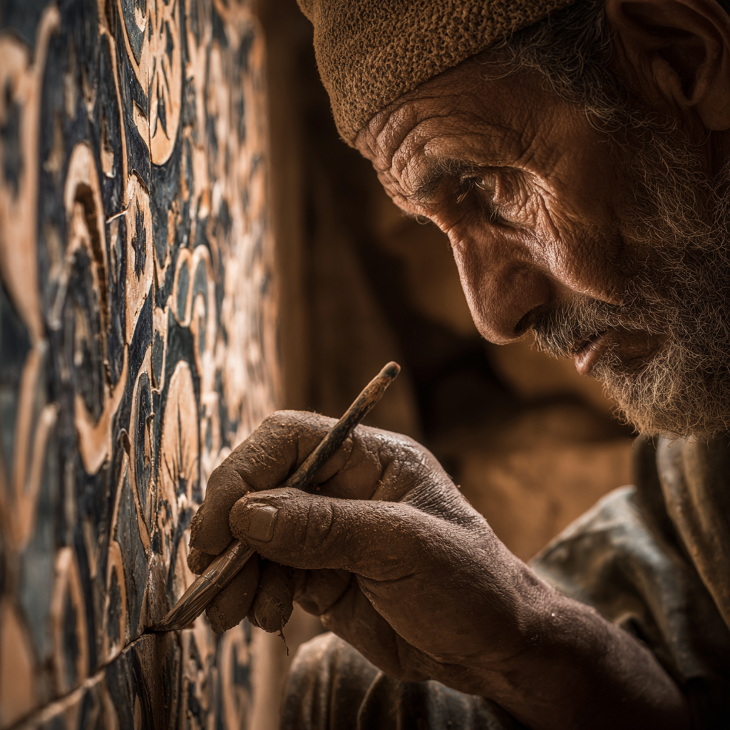 Photographie d'un maître artisan marocain dans son atelier, finalisant une mosaïque de zellige complexe. Cette image symbolise l'approche stratégique de l'agence créative Anir Studio à Casablanca.