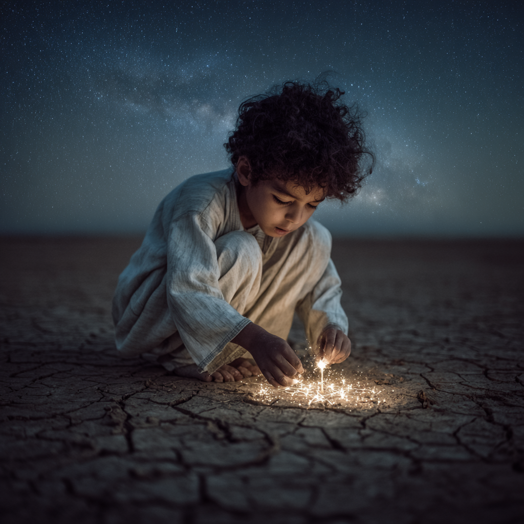 Conceptual image for Anir Creative Studio in Morocco, representing long-term brand impact: an authentic Moroccan child planting a glowing seed of light in the desert at night, symbolizing the creation of a lasting legacy.