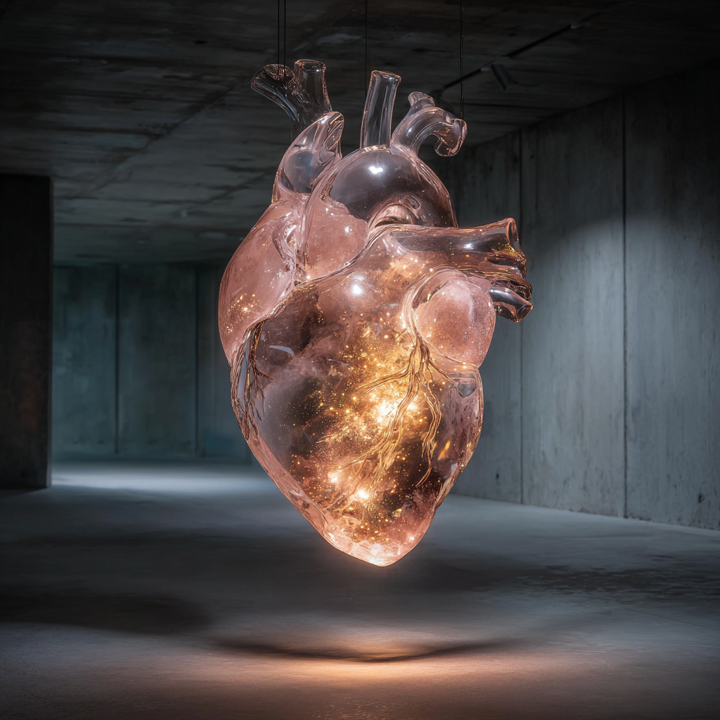 Artwork representing the brand identity and storytelling services of Anir Creative Studio: a hyperrealistic crystal heart containing a living galaxy, symbolizing the core essence of a brand.